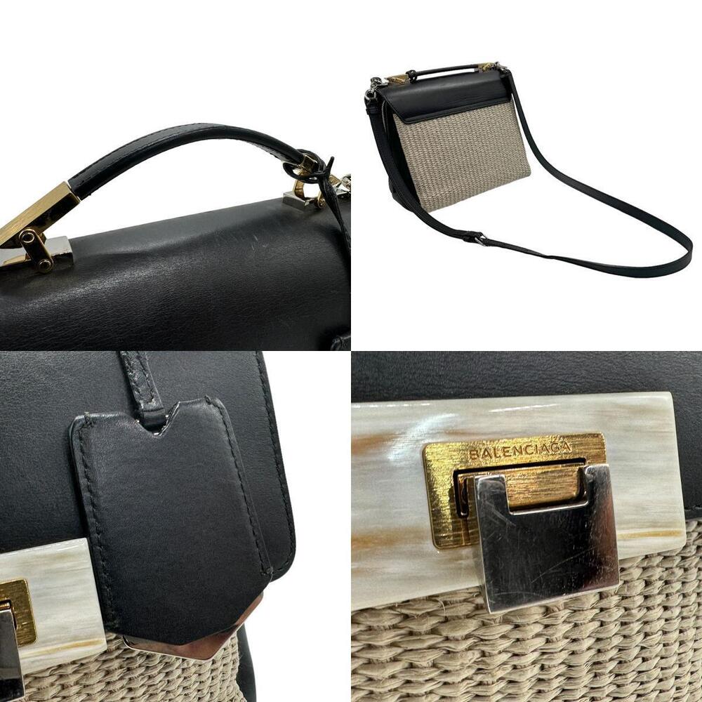 Balenciaga Le Soft Cartab Shoulder Bag Leather Raffia Black Beige - Picture 4 of 4